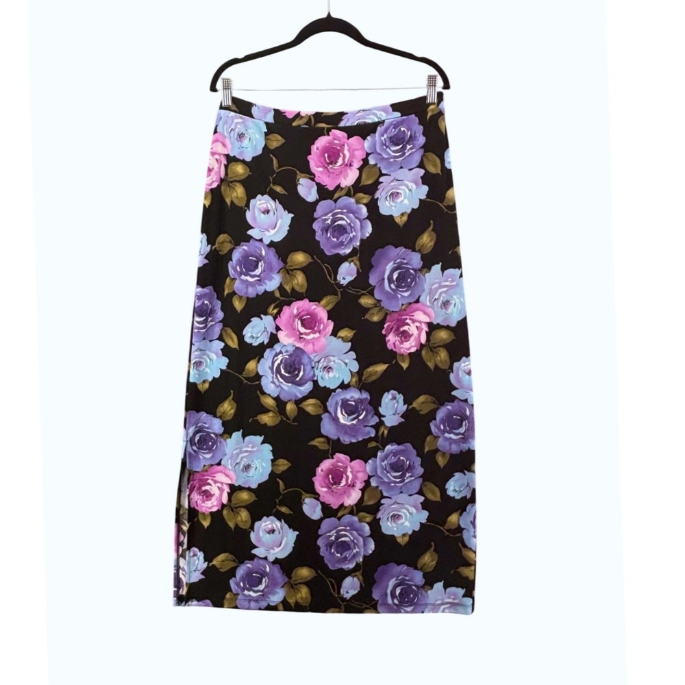 Vintage Slinky Knit Maxi Skirt Large Floral Rose Whimsy Dark Florals Romance